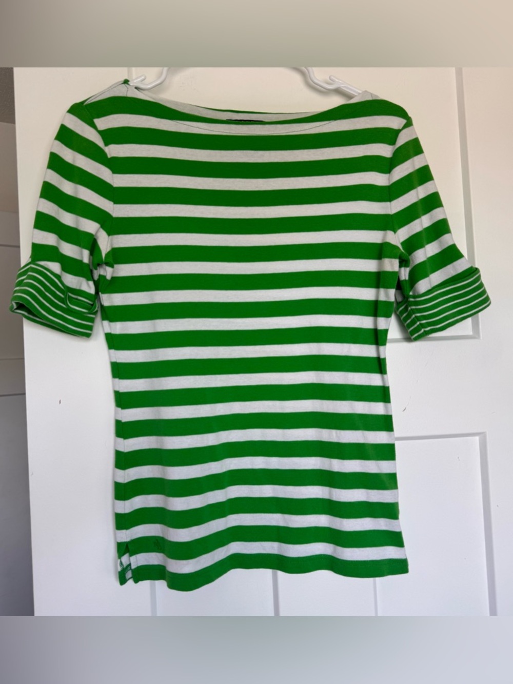 Lauren Ralph Lauren Green & White Striped Boatneck Tee Short Sleeve Cott - Sz M